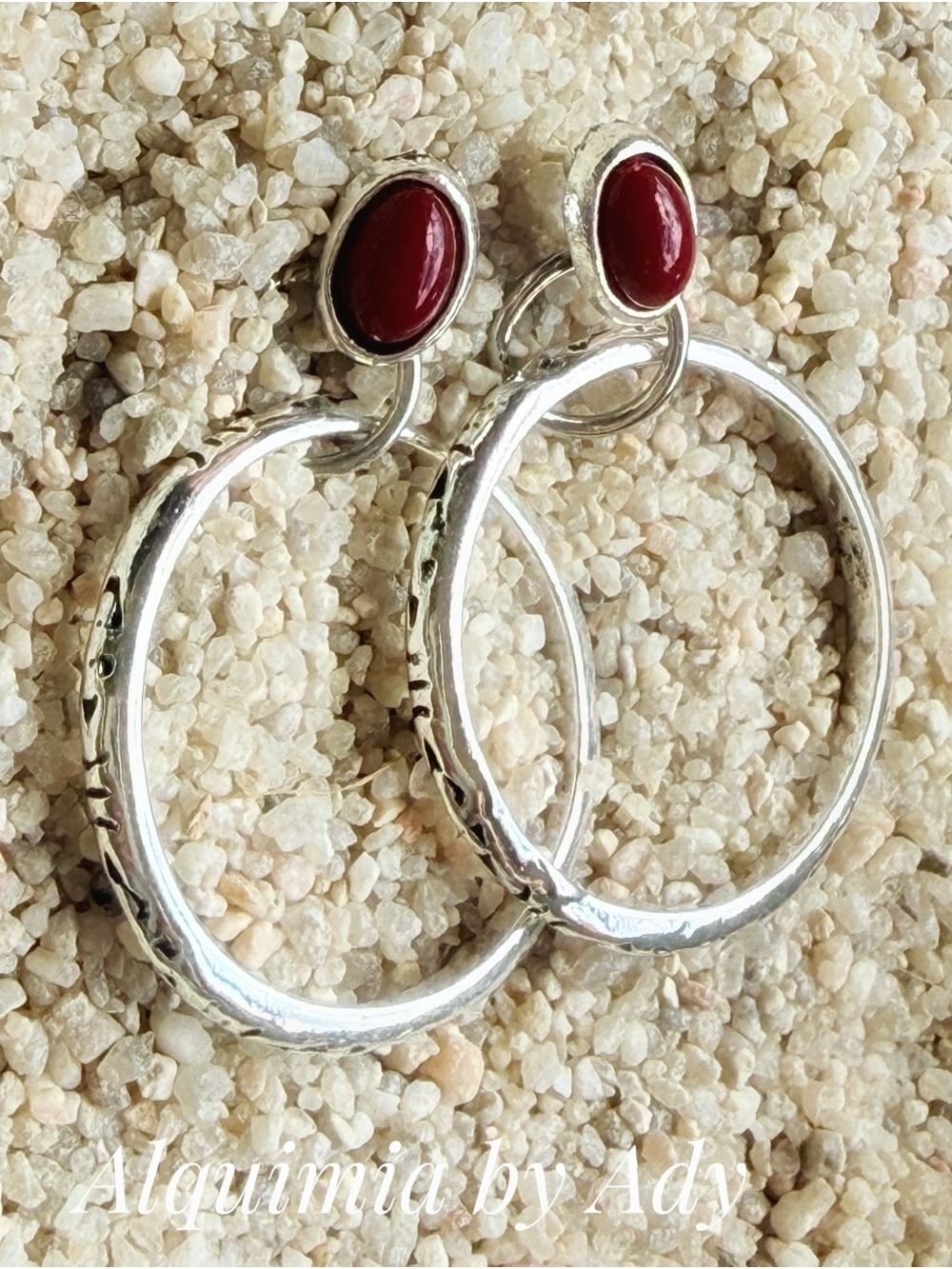 Coral 🪸 silver Hoop Earrings with Deep Red Cabochon Tops